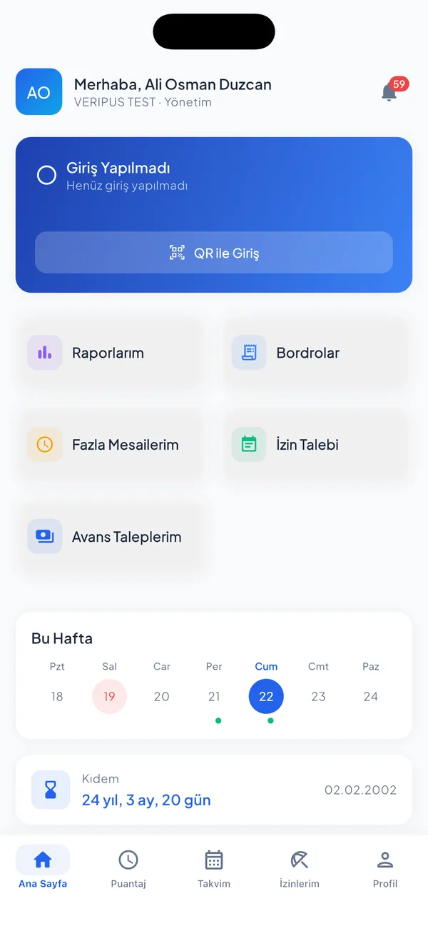 Ekipera mobil uygulamasında çalışanın ana ekranı